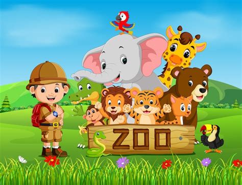 Premium Vector Collection Of Zoo Animals With Guide