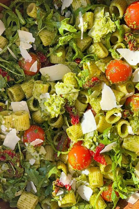 Pesto Rigatoni Pasta Salad With Parmesan Feasty Travels