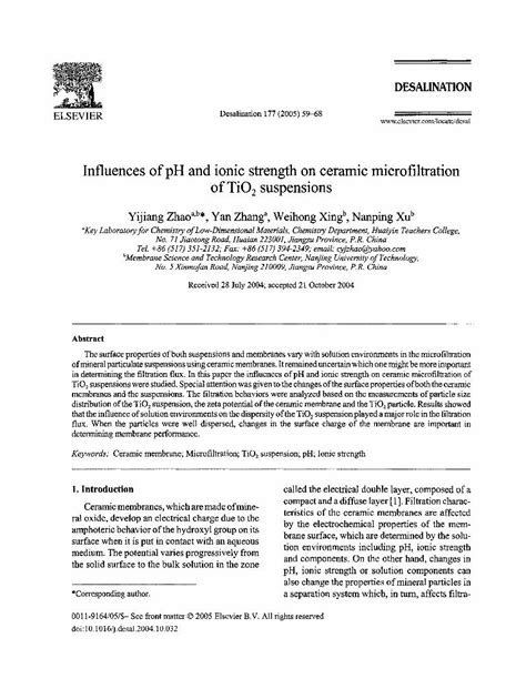 PDF Influences Of PH And Ionic Strength On Ceramic Microfiltration Of