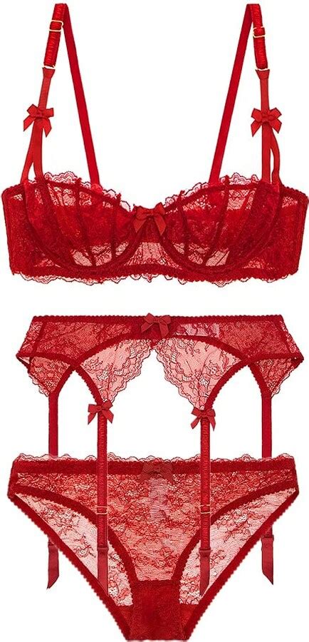 Varsmiss Women Sexy Lingerie Set Lace Bra And Panties And Garter Belt 3 PiecesRed40D ShopStyle