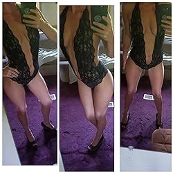 EVELUST Womens Open Back Halter Plunging Teddy Comfortable Scalloped Trim Lace Lingerie At