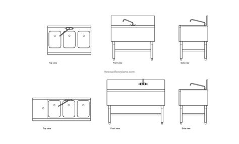 3-Compartment Under Bar Sink - Free CAD Drawings