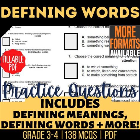 defining words practice questions vocabulary grade   fillable