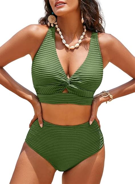 Amazon Herseas Women S Bikini Sets V Neck Twist Front Top Swimsuits High Waisted Textured
