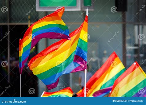 Muitas Bandeiras Do Orgulho Gay Lgbt Em Uma Marcha De Solidariedade Foto De Stock Imagem De