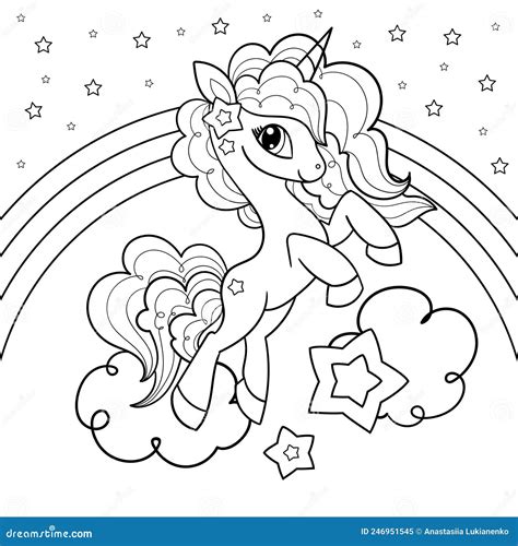 Caricatura De Unicorn En La Nube Dibujo De Contorno En Blanco Y Negro