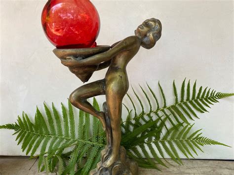 Vintage Art Deco Style Nude Woman Statue Pot Metal Lady Holding Platform Vessel Bohemian
