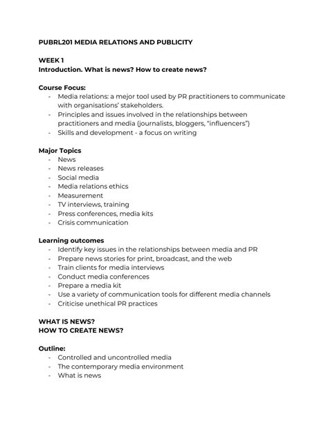 Public Relations Full Notes | PUBRL201 - Media Relations and Publicity