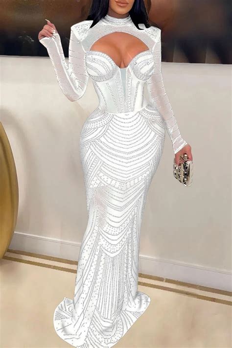 Sexy Patchwork Hot Drilling Hollowed Out Half A Turtleneck Long Sleeve