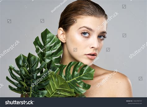 Palm Leaf Woman Naked Shoulders Beautiful Stock Photo 1494789737 Shutterstock