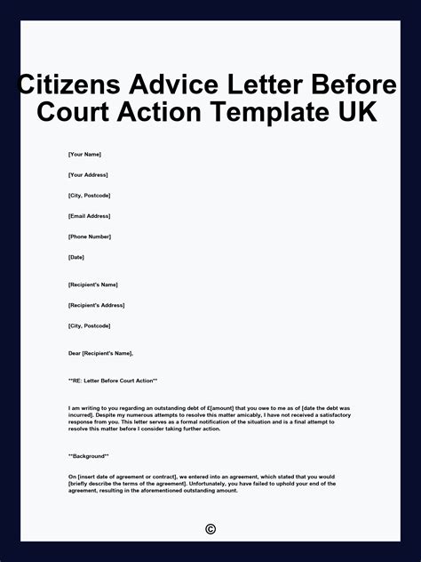 Citizens Advice Letter Before Court Action Template UK