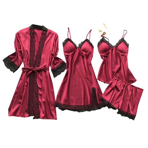Frsasu Plus Size Lingerie Women Silk Lace Robe Dress Sleepwear Nightdress Pajamas Set Red Xxxxxl