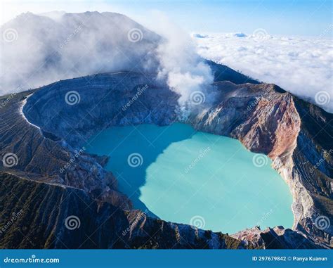 Aerial View Of Rock Cliff At Kawah Ijen Volcano With Turquoise Sulfur