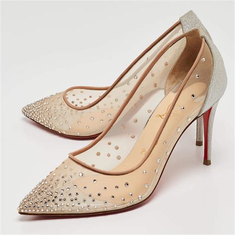 Christian Louboutin Beige Silver Mesh And Glitter Follies Strass Pumps Size 37 For Sale At 1stdibs