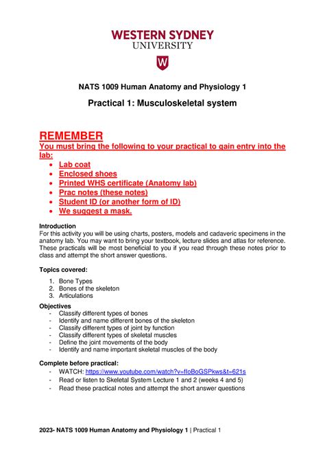 Practical 1 Skeletal Anatomy Complete Notes NATS 1009 Human