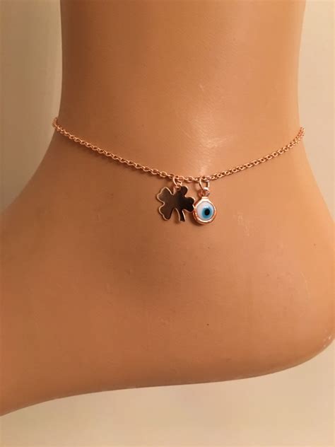 Rose Gold Clover Bracelet Anklet Shamrock Evil Eye Gold Etsy