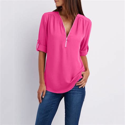 Hombom Hot Pink Women Tops And Blouses Casual Short Sleeve Half Zip V Neck Solid T Shirts S