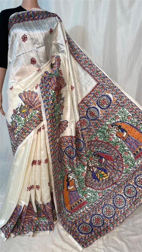 Party Wear Madhubani Hand Painted Pure Raw Silk Saree 6 5 Mtrs With