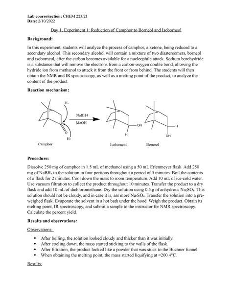 Lab 1 Camphor Date 2 10 Day 1 Experiment 1 Reduction Of Camphor