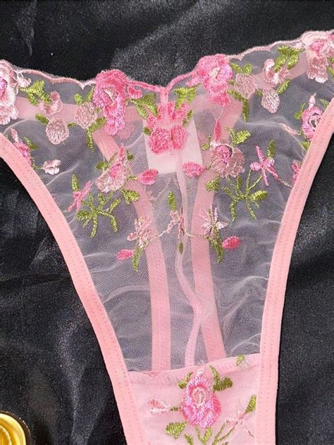 Floral Embroidery Mesh Lingerie Set