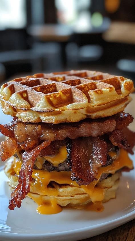Maple Bacon Breakfast Waffles 🥓🧇🍯 Bacon Waffle Sandwich Stack Of Savory Waffles With Toppings