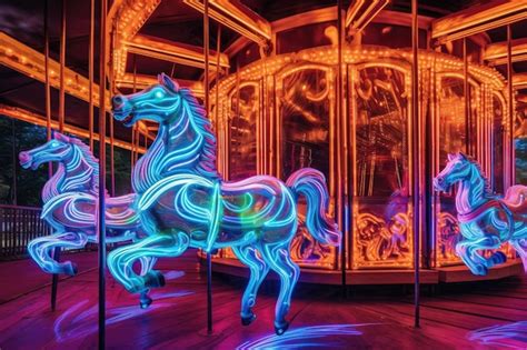 Premium Ai Image Neonlit Carousel Horses In Motion Created With