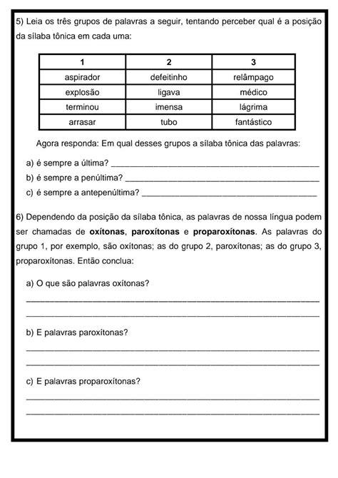 Atividades Sobre Oxitona Paroxitona E Proparoxitona 5 Ano