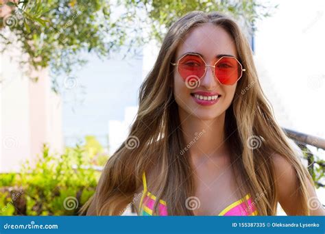 Close Up Happy Woman Face Summer Holidays Summertime Smile Girl With