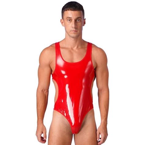 Iixpin Homme Lingerie Sexy Cuir Verni Brillant Bodysuit Dos Nu Catsuit Wetlook Gay Clubwear L