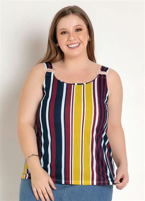 Marguerite Blusa de Alças Argola Listrada Plus Size Roupa de