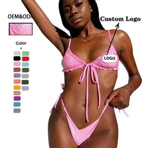 OEM ODM Wholesale Sexy Swimsuit Ruffle G String V Cut Sexy Micro Bikini Thong Swimwear Two