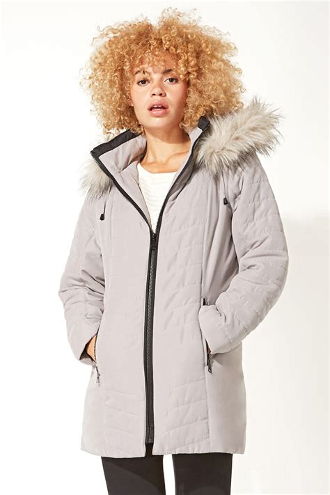 Faux Fur Trim Padded Coat In Lt Grey Roman Originals Uk