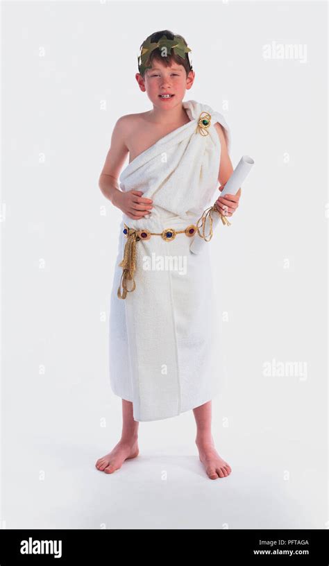 Boy Wearing Julius Caesar Costume White Toga Crown Of Leaves