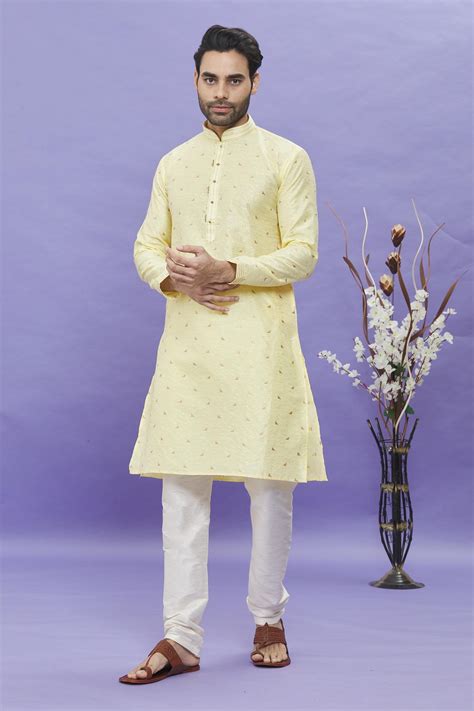 Buy Yellow Kurta Jacquard Banarasi Silk Geometric Pattern Long Sleeved