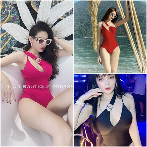 Bikini lệch vai xẻ ngực phối khoen tròn sang chảnh Bikini Diệp Lâm Anh màu đen đỏ hồng hot