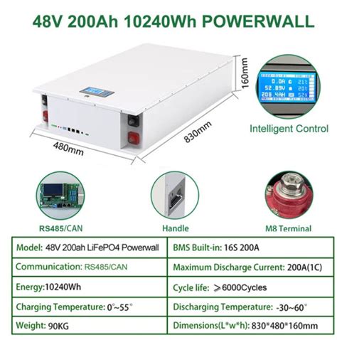 48V 200Ah Powerwall 10Kwh LiFePO4 Battery Built In 200A BMS CAN RS485