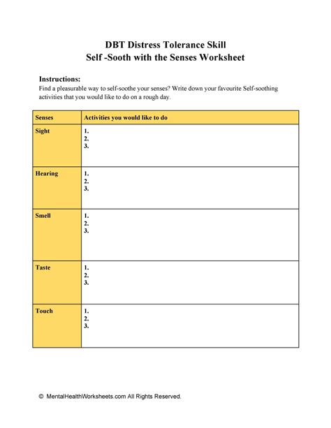 Dbt Distress Tolerance Skill Self Soothing Worksheet Mental Health