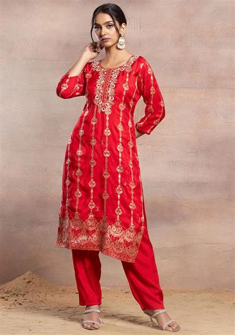 Buy Women Ruby Red Floral Embellished Brocade Kurta Set With Pants And