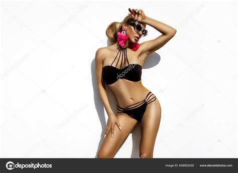Sexy Woman Wearing Elegant Bikini Luxury Sunglasses Posing White Wall Stock Photo By