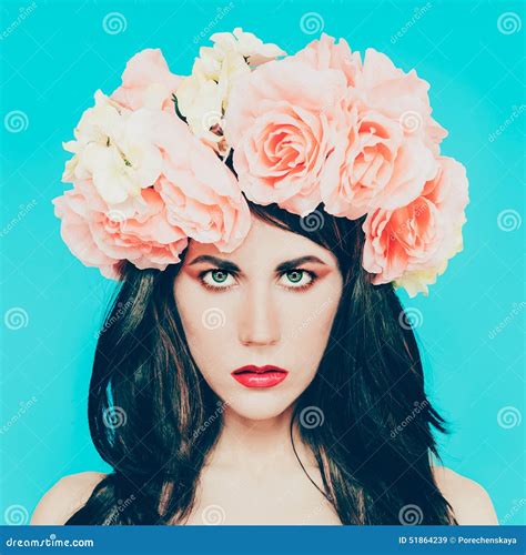 Sensual Brunette Lady With Floral Wreath On Her Head Stock Image Image Of Brunette Copy