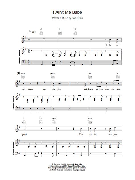 Bob Dylan It Ain T Me Babe Sheet Music PDF Chords Super Easy Piano Folk Music Notes SKU