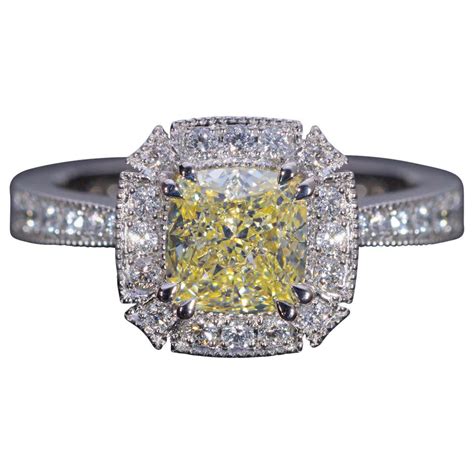 Gia Certified Emerald Cut Fancy Vivid Yellow Diamond Cocktail Ring In Platinum For Sale At