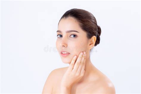 Portrait Of Beautiful Brunette Woman Makeup Of Cosmetic Girl Hand Touch Cheek And Smile