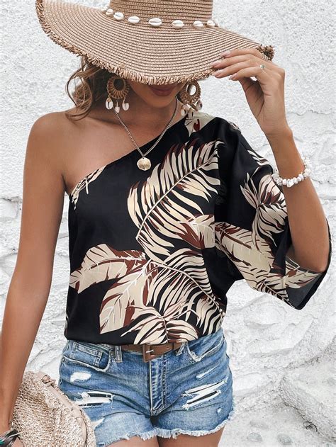 SHEIN VCAY Tropical Print One Shoulder Batwing Sleeve Blouse SHEIN USA