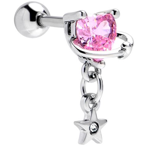 16 Gauge 1 4 Pink CZ Gem Starry Saturn Dangle Cartilage Earring In 2024