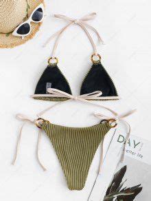 Zaful Ribbed O Ring Halter String Bikini Swimwear In Green Zaful