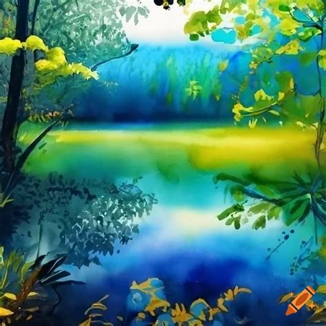 Aquarelle Painting Of A Spring Forest Scenery With A Lake High