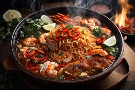 Premium Photo Noodles Spicy Boil With Seafood Shrimp Vegetable Food And Pork In Hot Pot