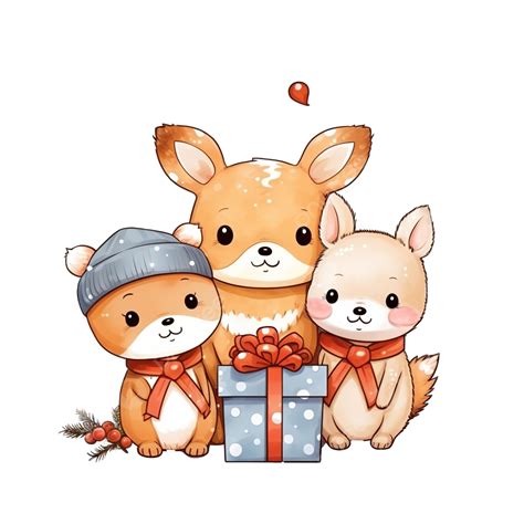 Merry Christmas Celebration Cute Fox Deer Rabbit Tree Gifts Snow Deer