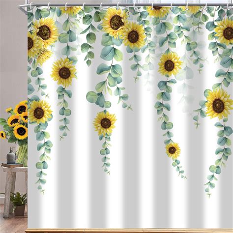 Eucalyptus Sunflower Shower Curtain Sage Green Spring Watercolor Leaves